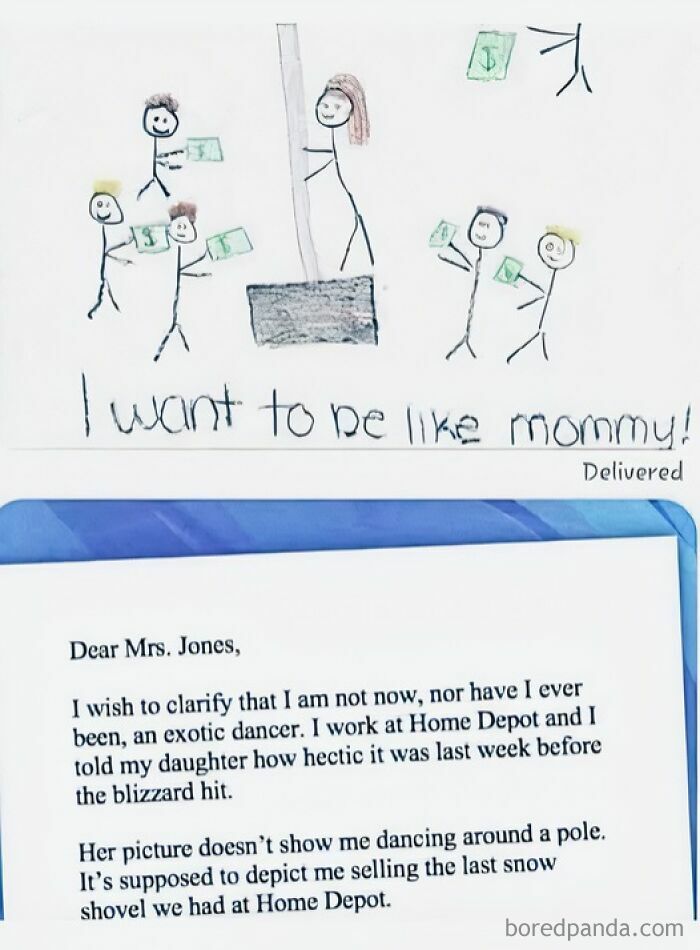 Funny work meme showing a child's drawing and a humorous letter about working at Home Depot during a blizzard.
