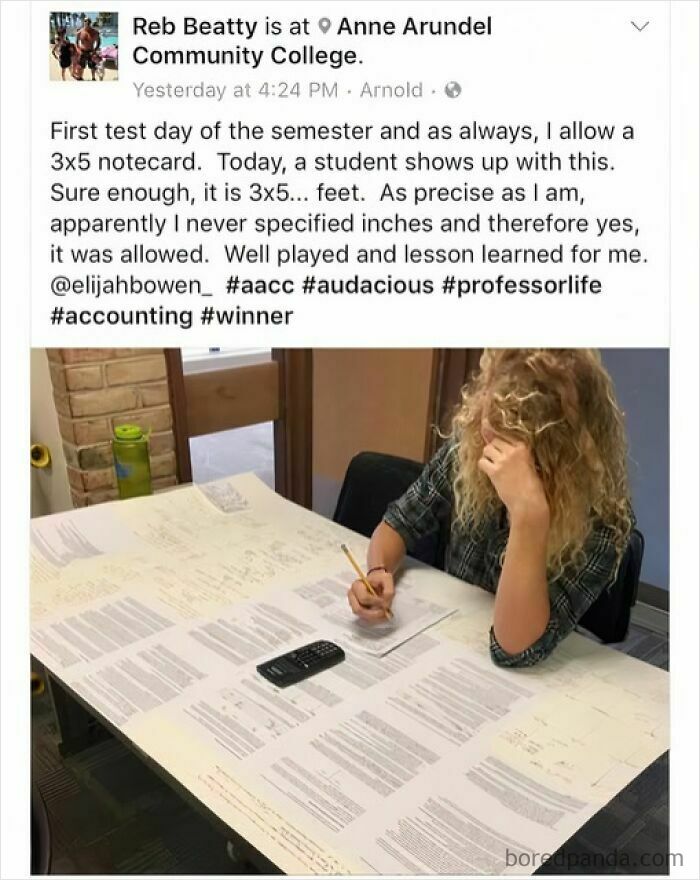 Student using a giant 3x5 feet notecard cheat sheet during test, a funny work meme about creativity and professor life.