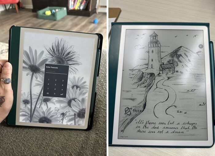 E-reader displaying floral and lighthouse sketches, showcasing popular brand deals available this Prime Day sale event.