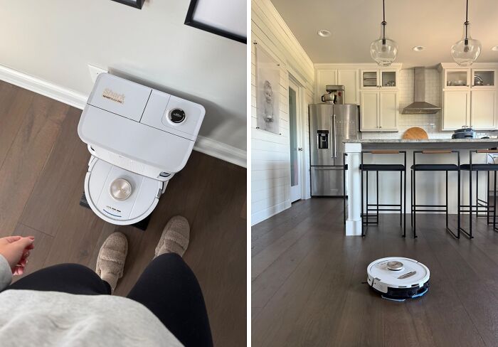 Robot vacuum cleaning hardwood floor in a modern kitchen showing deals on brands you actually know and love Prime Day.