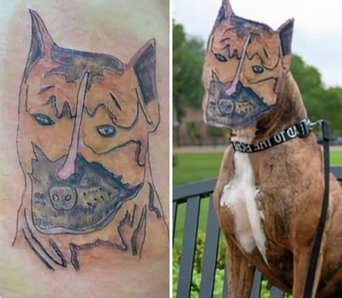 Tattoo of a dog’s face poorly done on skin, next to the actual dog with the tattoo image edited onto its face, showcasing bad tattoos.