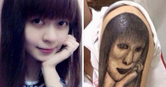 Side-by-side image showing a young woman and a poorly done tattoo of her face on an arm, illustrating bad tattoos.