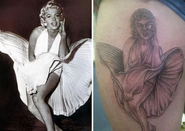Side-by-side image of Marilyn Monroe and an abysmally bad tattoo attempt replicating her iconic pose on a thigh.