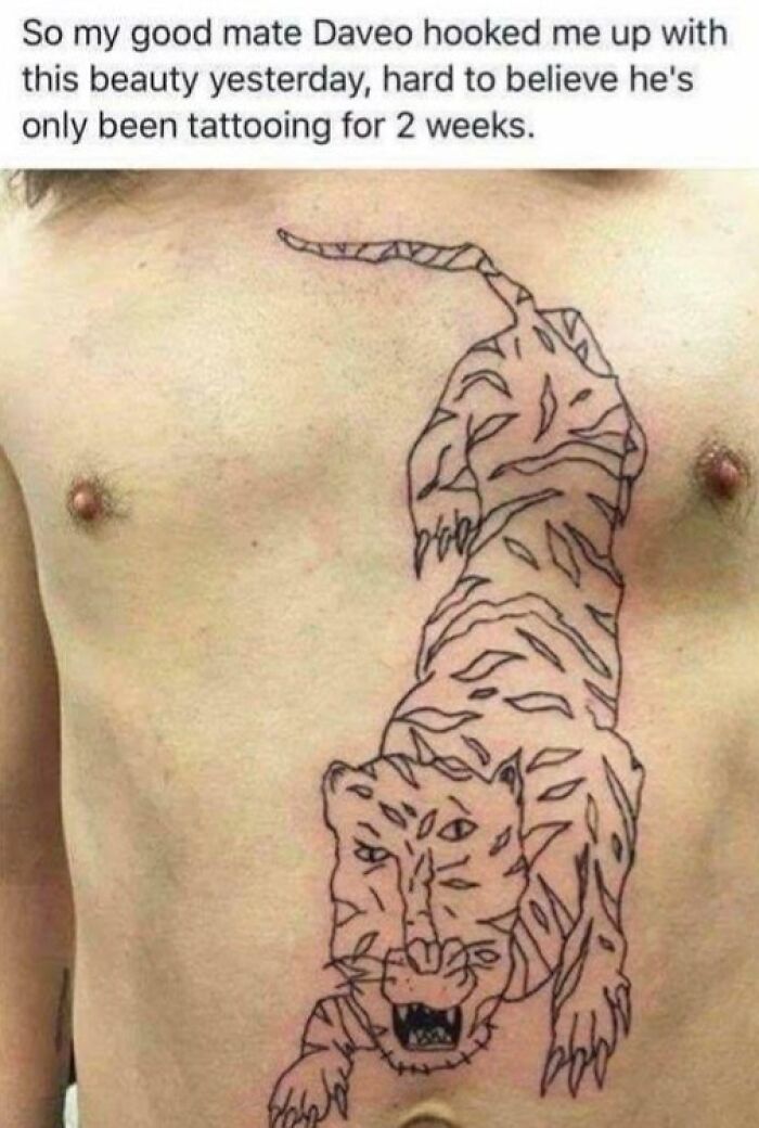 Tattoo of a poorly drawn tiger on a bare chest, showcasing one of the worst abysmally bad tattoos from Facebook pages.