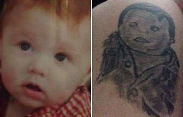 Side-by-side photo of a baby and a poorly done tattoo of the baby, showcasing abysmally bad tattoos.