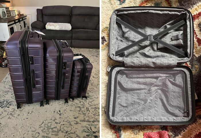 Set of three durable purple suitcases with zipper compartments and adjustable straps inside, showcasing popular brand deals.