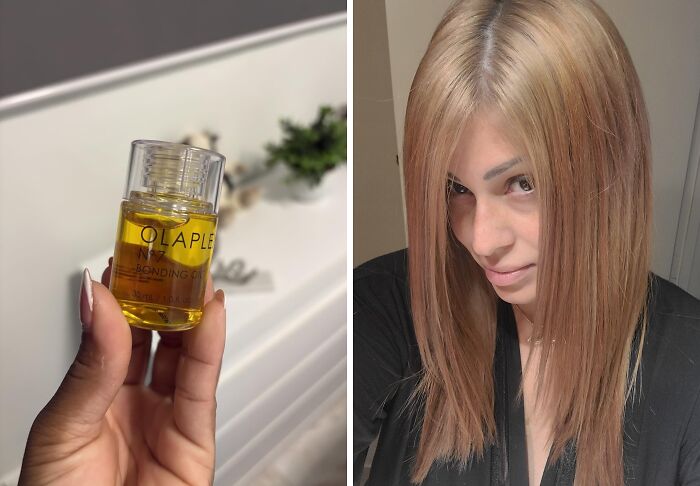 Hand holding Olaplex hair oil bottle next to woman with smooth, straightened hair showcasing popular brand deals this Prime Day.