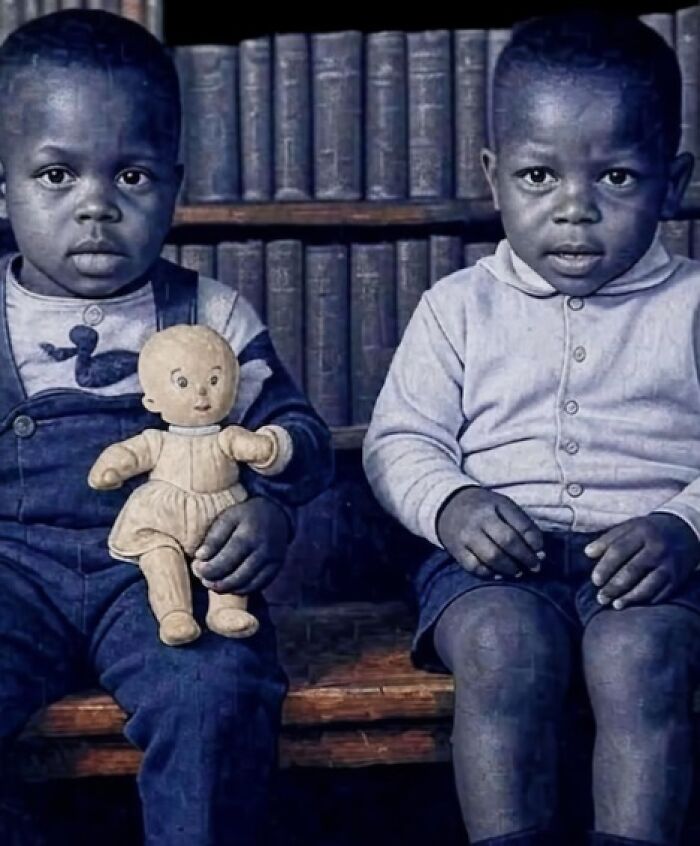 Two young boys sitting on a bench with a doll, vintage setting, capturing the wholesome world of childhood.