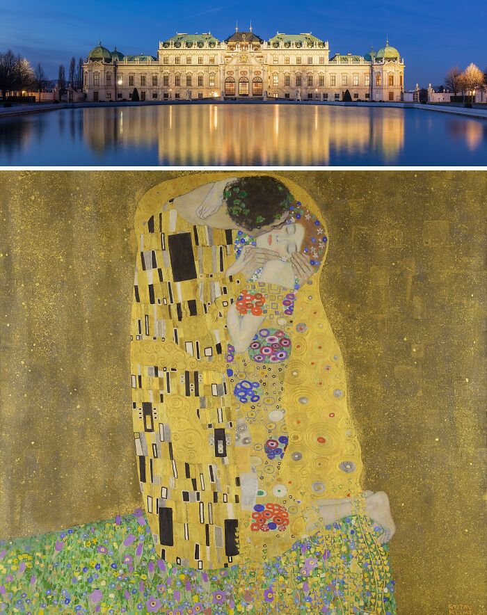 Upper image shows Belvedere Palace in Vienna at dusk; lower image features The Kiss, one of the most famous paintings locations.