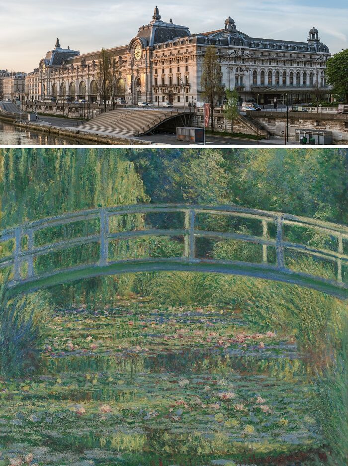Musee d'Orsay exterior by the river and Monet's famous painting of the Japanese bridge and water lilies.