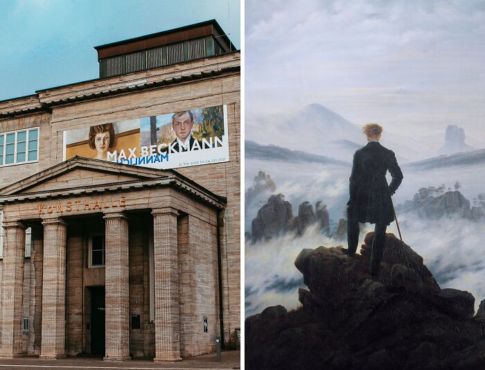 Side-by-side image showing a famous painting and a museum exterior, highlighting locations of the most famous paintings.