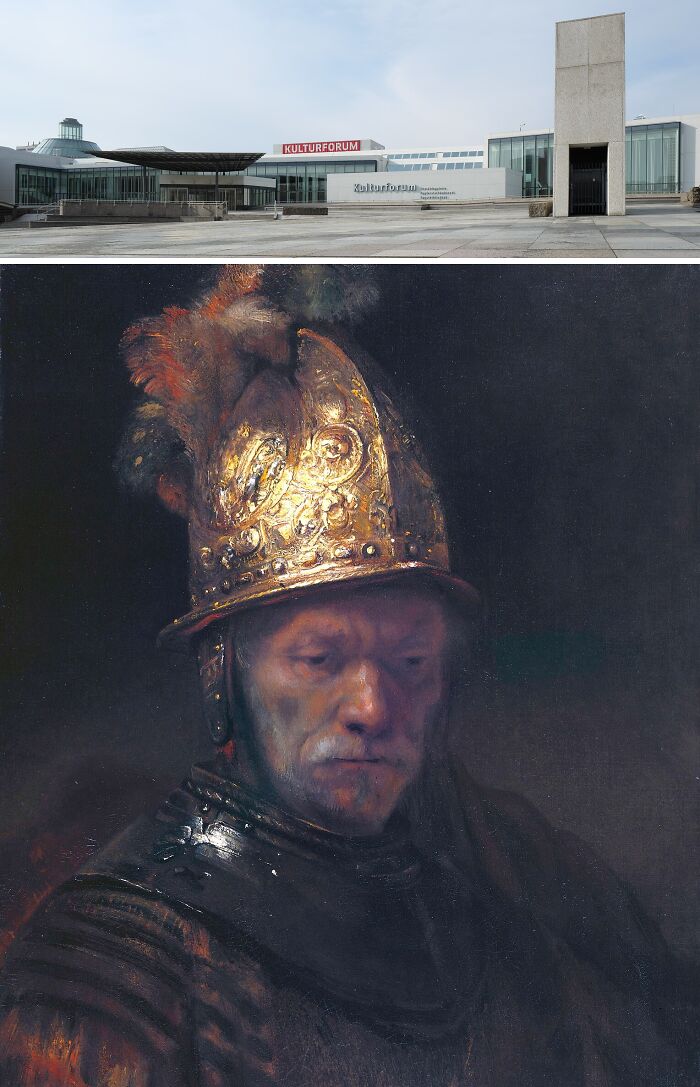 Modern museum exterior and a famous painting of a man in ornate helmet, showcasing locations of the most famous paintings.