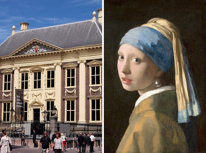 Mauritshuis museum exterior with visitors next to the famous painting Girl with a Pearl Earring on display.