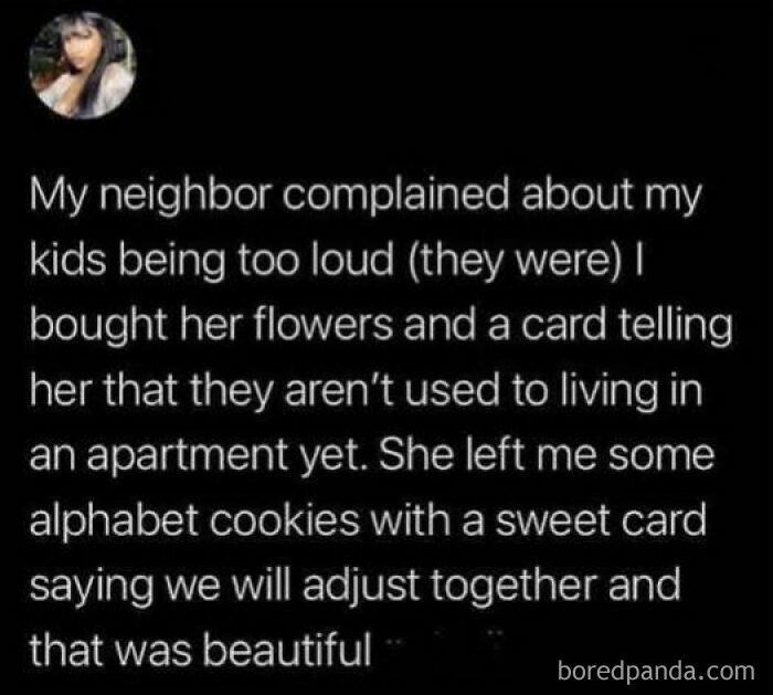 Tumblr post about a neighbor dispute resolved with kindness featuring alphabet cookies and a sweet card.