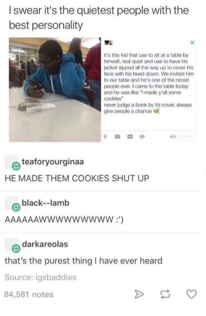 A quiet student with a shy personality surprises others by making cookies, showing relatable Tumblr moments.