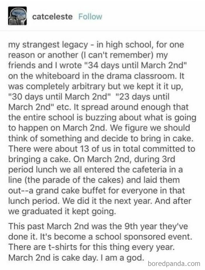 Tumblr post about a high school tradition counting down to March 2nd leading to a yearly cake day event, relatable and random.