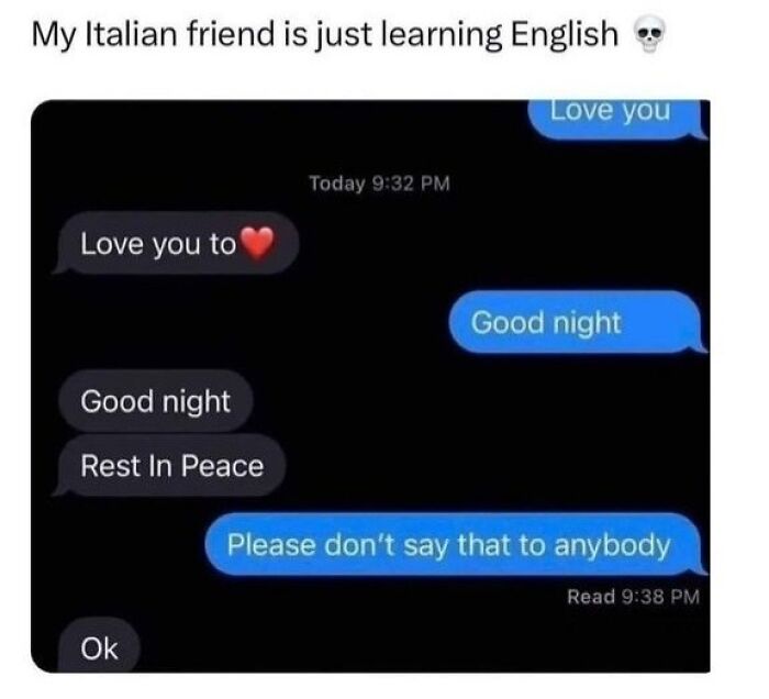 Text message conversation showing random and relatable Tumblr posts about learning English and funny language mix-ups.