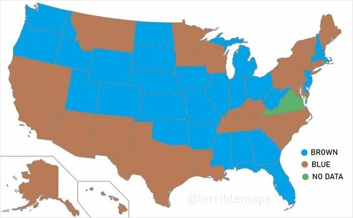 US map with states colored brown, blue, and green illustrating a funny and unusual geography map concept.
