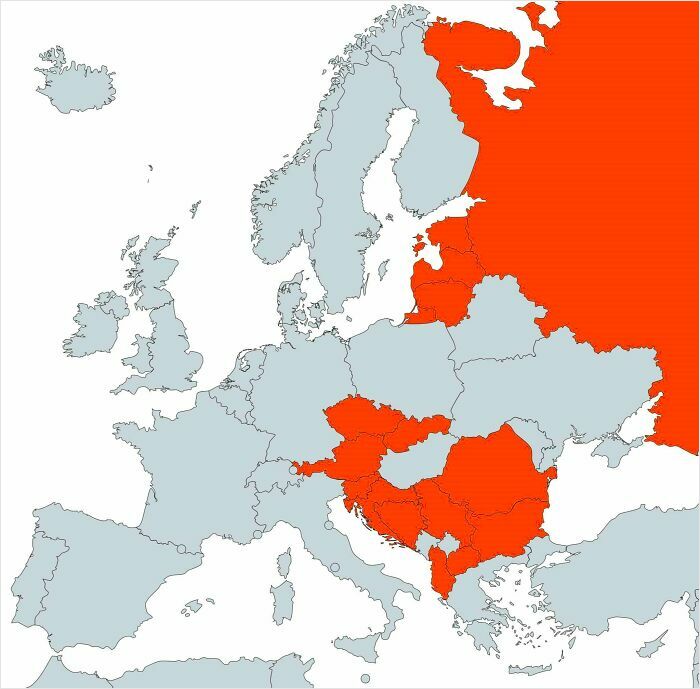 Map of Europe highlighting several countries in orange, featured in funny maps not found in geography books.