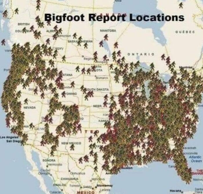 Map showing Bigfoot report locations densely clustered across the United States with icons marking sightings.