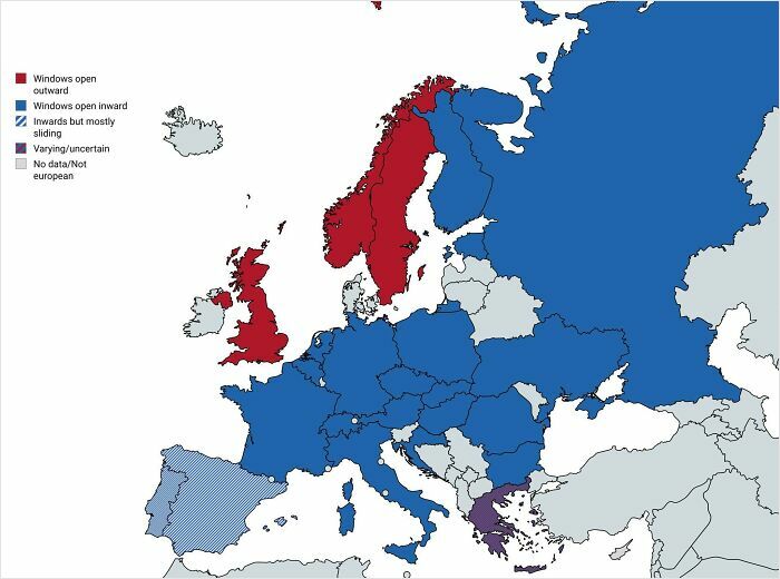 Map of Europe showing window opening directions by country, a funny map illustrating cultural differences in a geography context.
