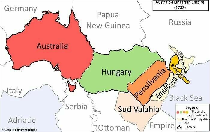 Map showing a humorous and historical version of the Austro-Hungarian Empire with funny regional labels.