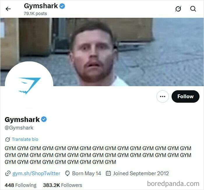 Gymshark official social media account with humorous repetitive text post about gym in profile description.