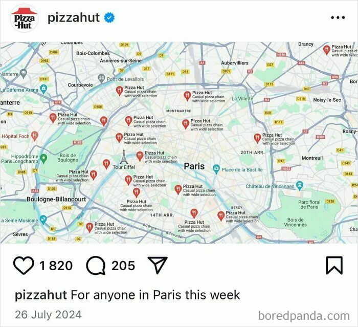 Map of Paris showing numerous Pizza Hut locations, an example of funny content posted by official social media accounts.