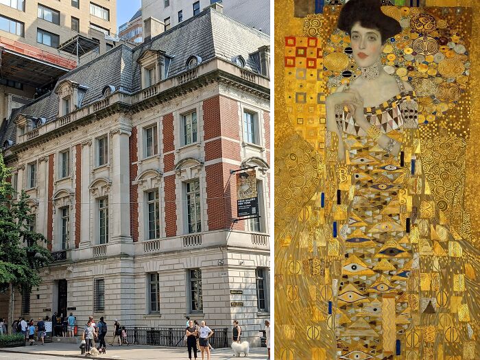 Exterior view of the historic museum building and the famous portrait painting showcasing locations of most famous paintings.