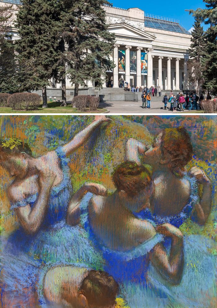 Top image shows a museum entrance with visitors; bottom image features a famous painting of ballerinas, highlighting locations of most famous paintings.