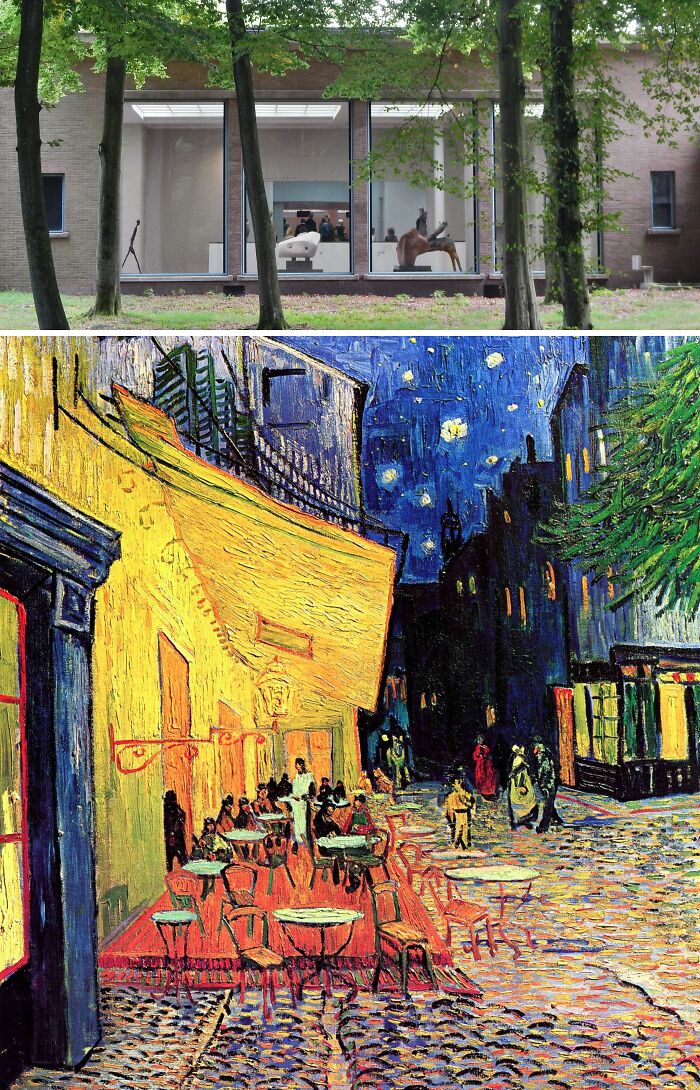Top image shows a modern museum building through trees, bottom image is a famous painting of a night cafe, key locations of famous paintings.