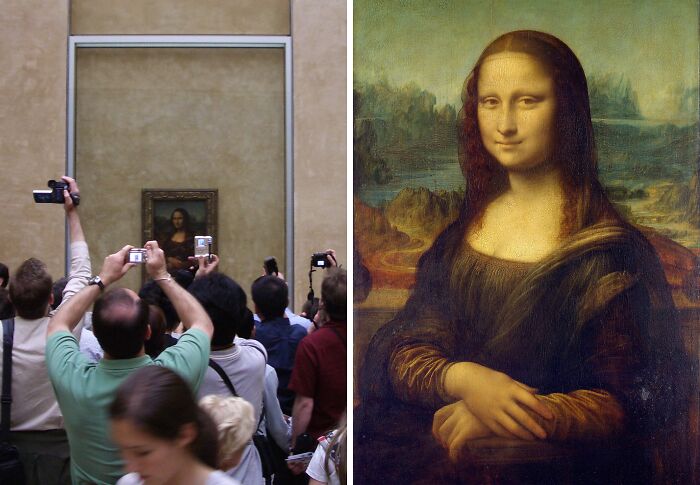 Crowd photographing the Mona Lisa, one of the most famous paintings, in a museum setting with multiple cameras raised.