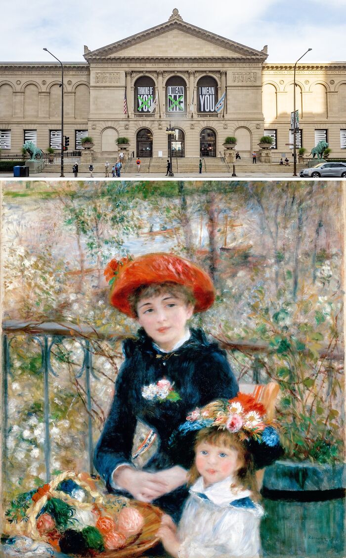 The Art Institute of Chicago building exterior and a famous painting displayed showcasing locations of the most famous paintings.