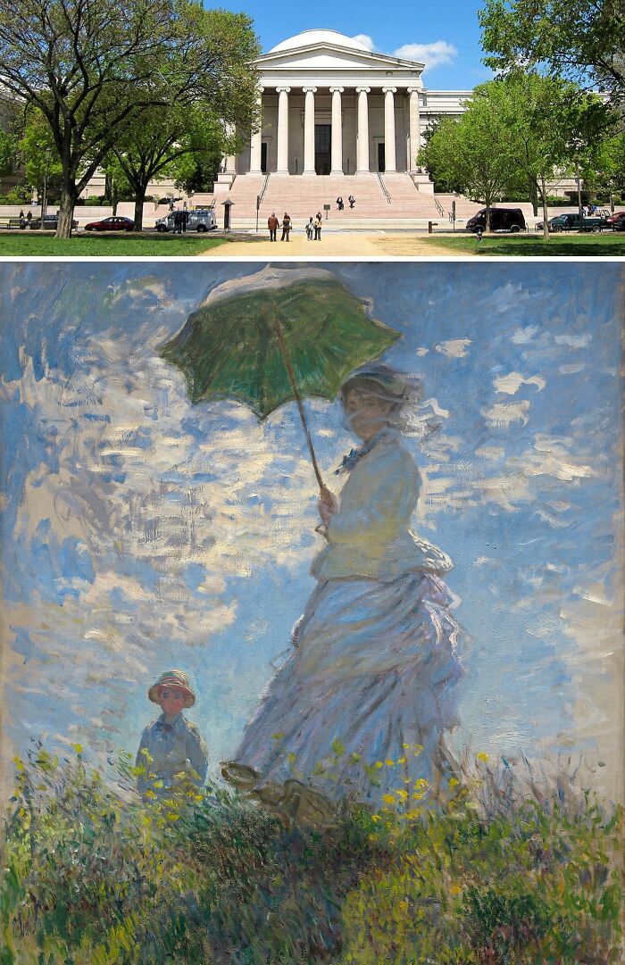 Top image of a museum exterior with columns and bottom image of an impressionist painting, highlighting locations of famous paintings.