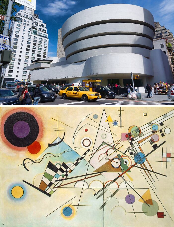 Solomon R. Guggenheim Museum exterior in New York City with abstract geometric painting inside showcasing famous paintings locations.