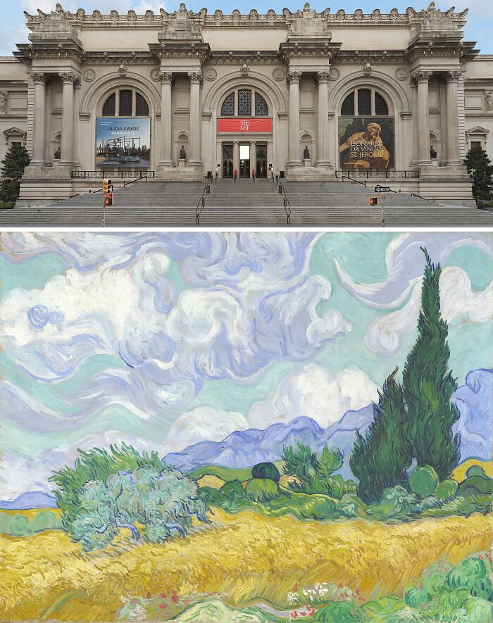 Exterior of a famous art museum with banners above stairs and a vibrant landscape painting showcasing nature and sky colors.