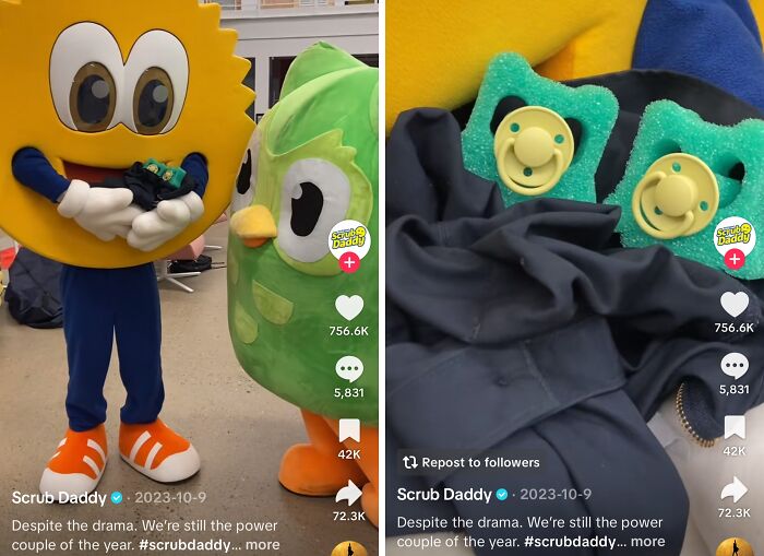 Two mascot costumes of a sun and a green bird featured in funny posts by official social media accounts.