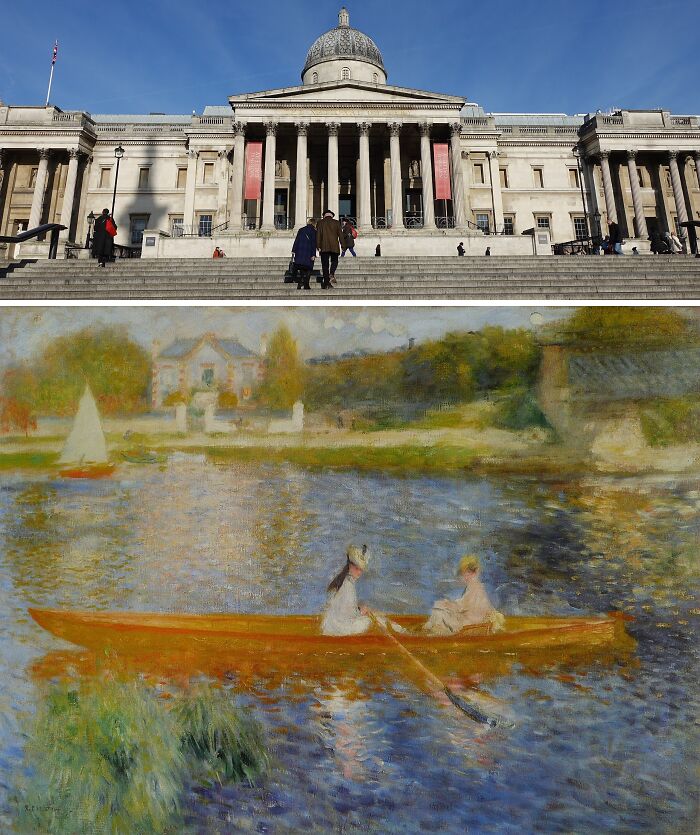 National Gallery exterior with visitors and impressionist painting of two women in a boat, popular locations of famous paintings.