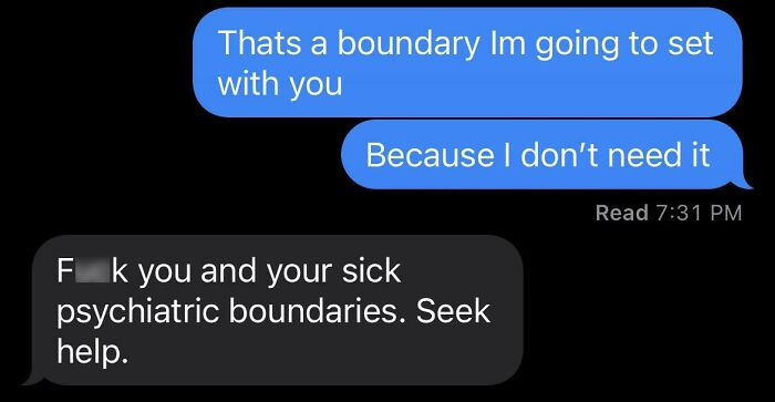Text message exchange showing toxic behavior from dad rejecting boundaries with offensive language and telling to seek help.