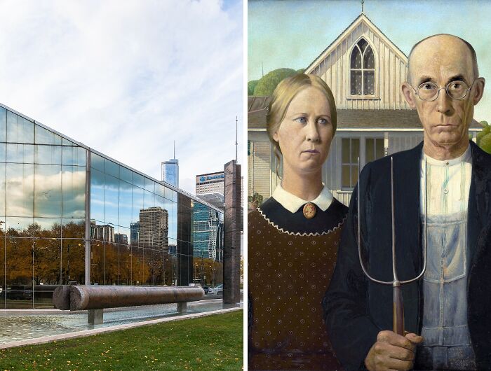Modern art museum exterior in Chicago reflecting skyline next to Grant Wood's iconic American Gothic painting details.