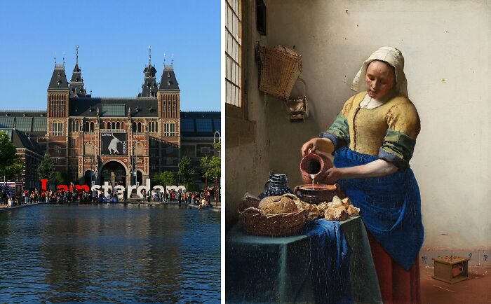 Rijksmuseum in Amsterdam next to Johannes Vermeer’s famous painting The Milkmaid, showcasing locations of famous paintings.
