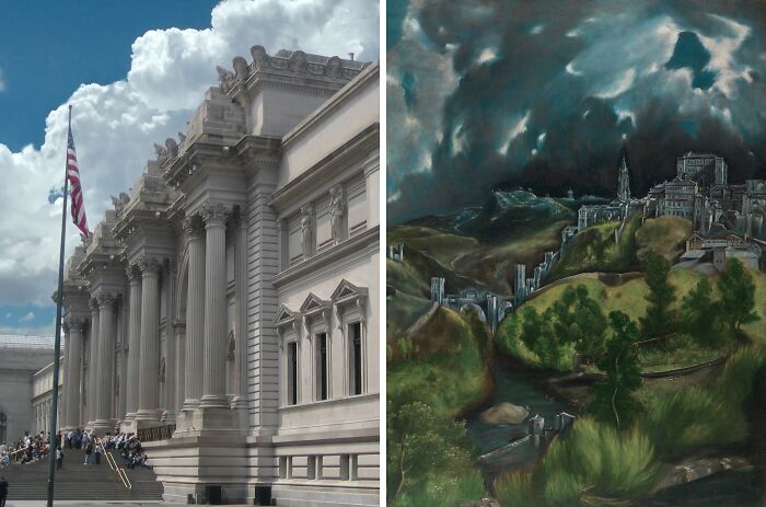 Exterior view of a historic museum building and a famous painting depicting a dramatic landscape, showcasing locations of famous paintings.