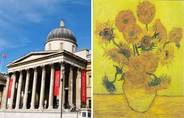 National Gallery building exterior under a clear sky alongside a famous painting of sunflowers in a vase location.
