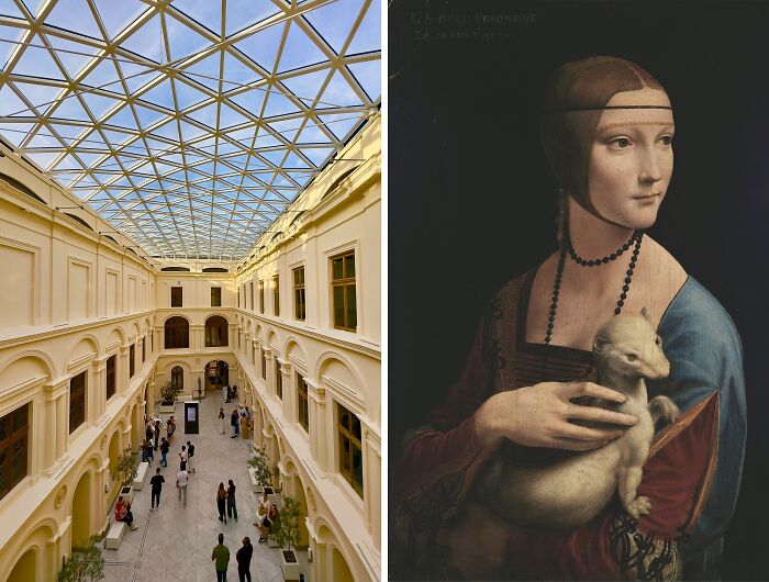 Interior view of a museum gallery with visitors and a famous painting showcasing locations of most famous paintings.