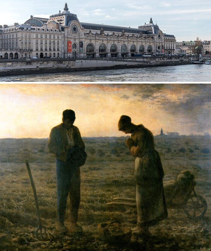 Museum exterior by a river with famous painting of two peasants praying in a field, highlighting locations of famous paintings.