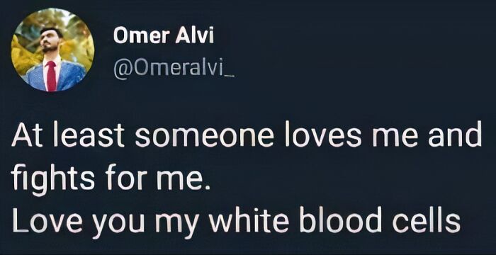 Tweet by Omer Alvi humorously appreciating white blood cells, fitting medical memes about healthcare being expensive and relatable humor.