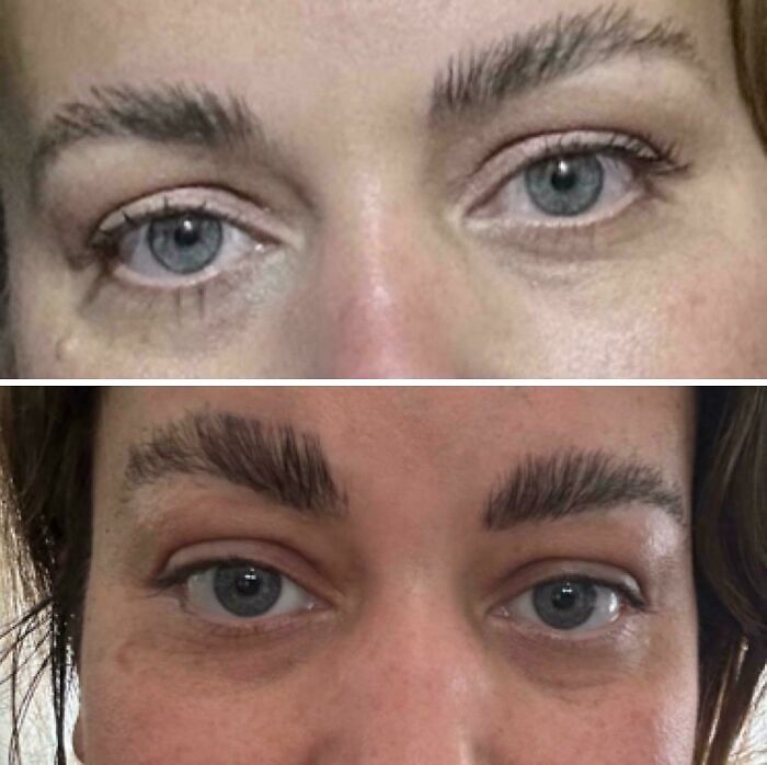 Close-up before and after photos showing dramatic eyebrow transformation in a salon glow-up and breakdown series.