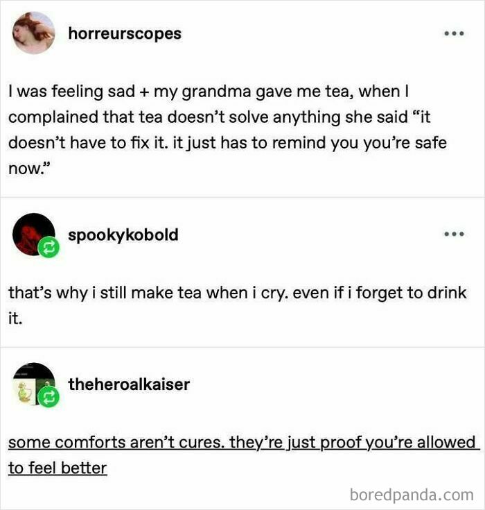 Social media posts sharing positivity, comfort, and uplifting thoughts to help if you are feeling down.