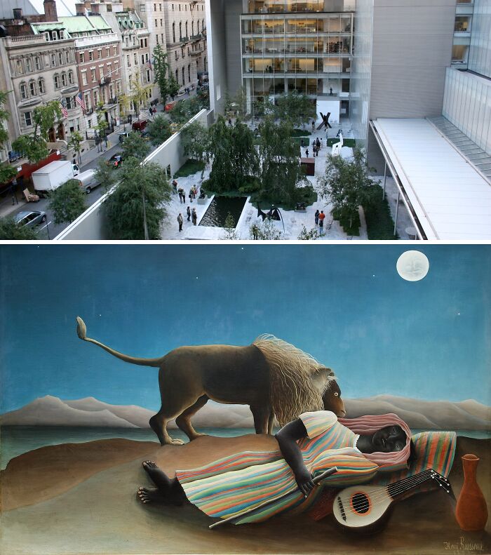 Modern art museum courtyard with visitors above a famous painting of a reclining figure and lion under a moonlit sky.