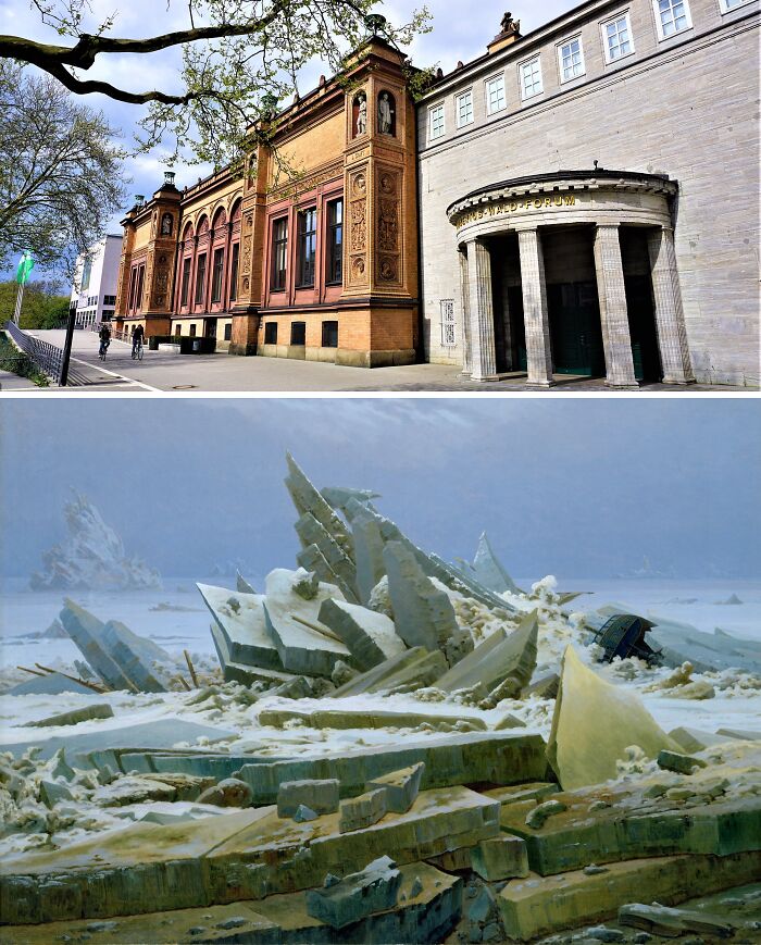 Exterior view of an art museum with cyclists and a famous painting of icebergs and shattered ice in a cold landscape.